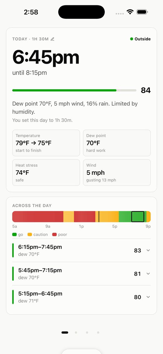 Dewpoint recommending a 6:45pm window scoring 84, with the day's conditions shown hour by hour.