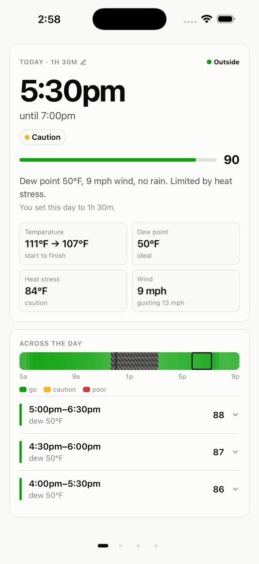 Dewpoint showing a caution flag at 111°F, with the middle of the day marked as excluded.
