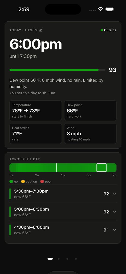 Dewpoint in dark mode showing a 6pm window scoring 93 with good conditions all day.